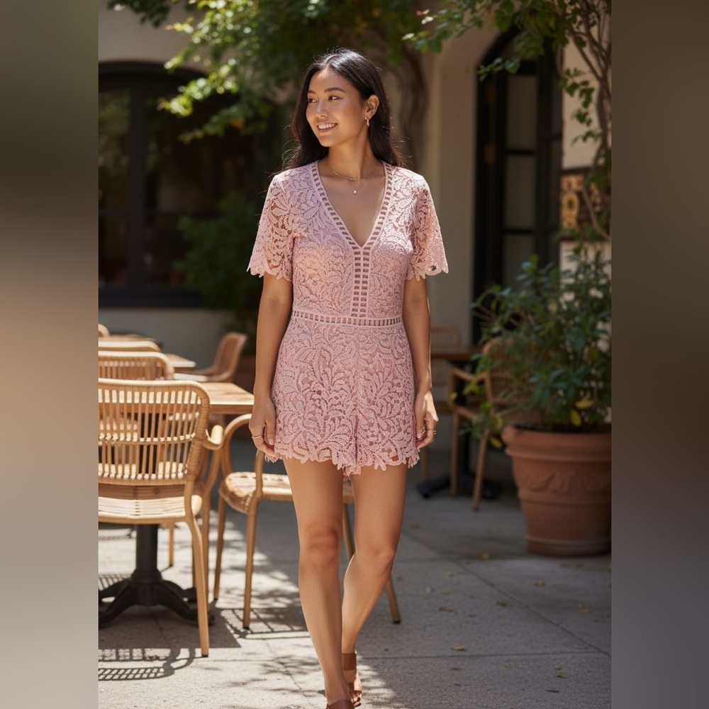 She + Sky NWT Blush Lace Romper Small V Neck Short Sleeve Lined